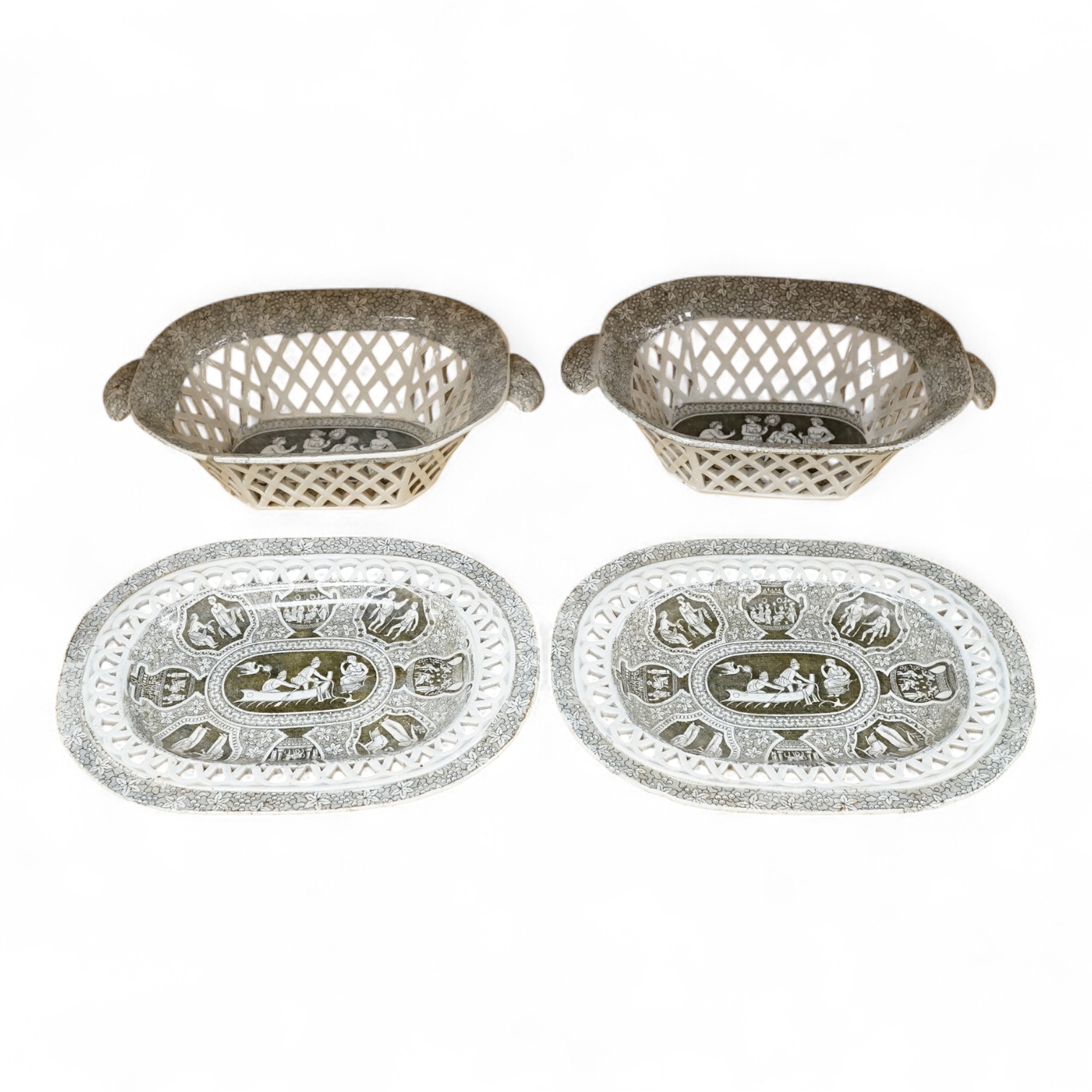 A pair of early 19th century pearlware transfer decorated figural two handled chestnut baskets and stands, attributed to Herculanuem, baskets 27cm wide including handles.